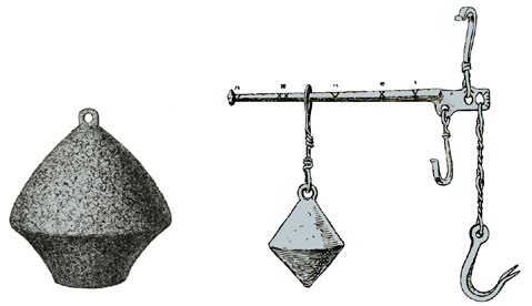 1. Löpvikt till handpyndare från Gotland. 2. Romersk handpyndare från limeskastellet Zugmantel med liknande löpvikt. DANMARK & SKÅNE VIKT: Oldtid/Vikingatid 1 Mark = 24 Örtug = 199.