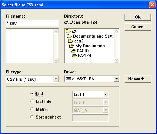 6. Datakonvertering k Konvertera CSV-data till räknarens format 1. Välj [File] - [CSV-Load from CSV]. 2. Välj de CSV-data du vill konvertera. 3.