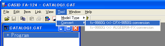 6. Datakonvertering 4. Konvertering till ALGEBRA FX-serien: välj [Tool] - [Model Type] - [ALGEBRA FX series].