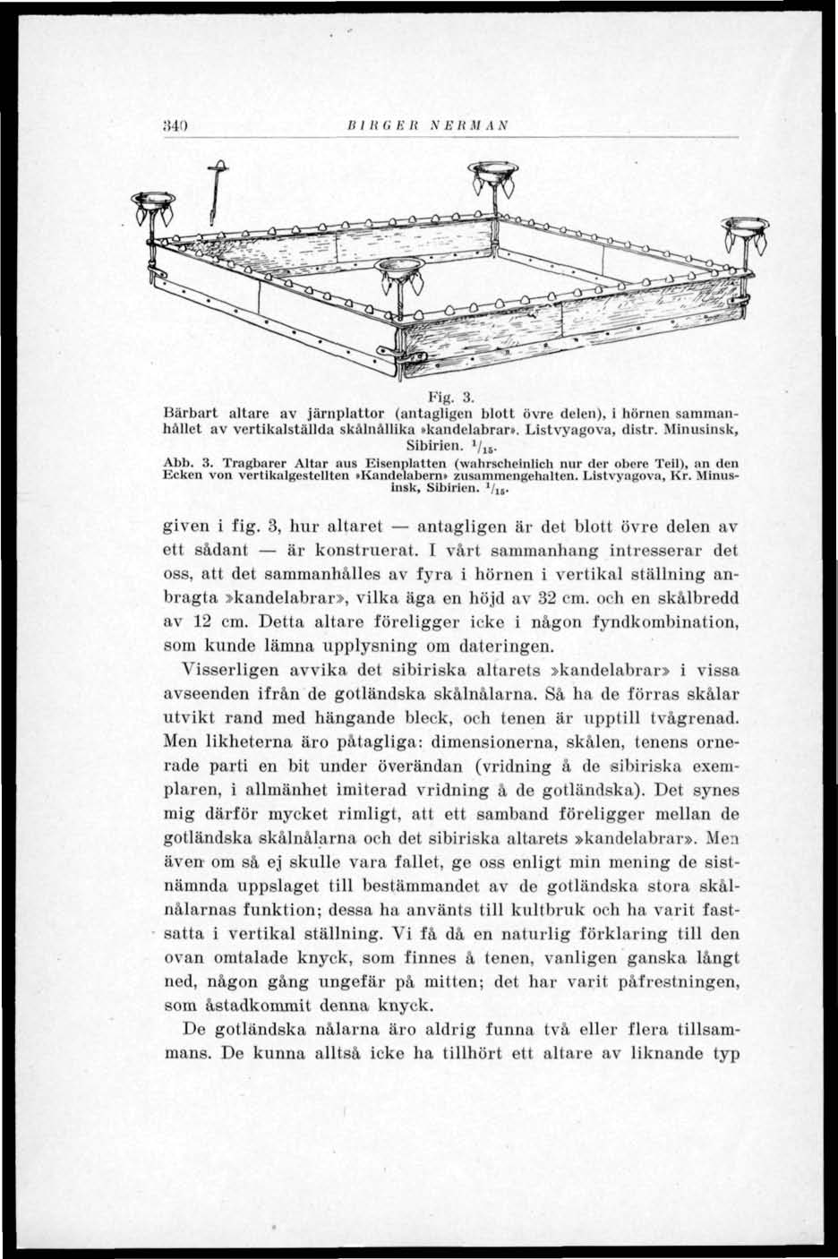 340 /(I It G B It N B II M A N Fig. 3. Bärbart altare av järnplattor (antagligen blott övre delen), i hörnen sammanhållet av vcrtikalställda skålnållika»kandelabrar». Listvyagova, distr.