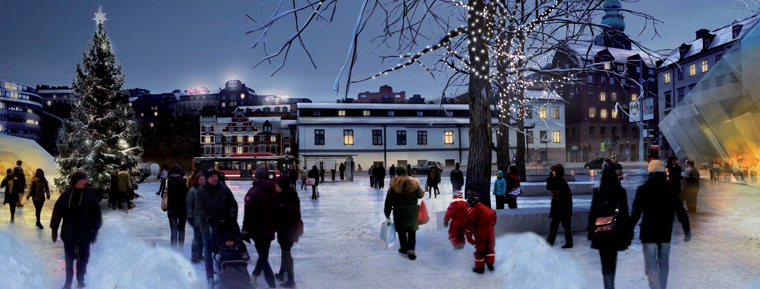 En plats att vistas på året om Nya Slussen: Södermalmstorg med de nya glasbyggnaderna.