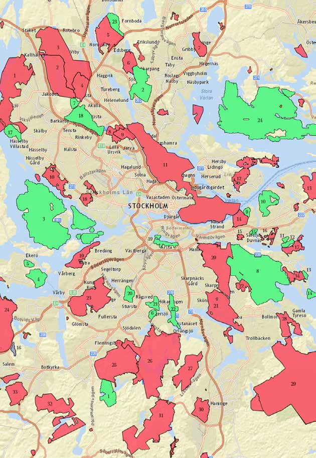 Befintliga (röda) och planerade (gröna) naturreservat i Stockholms län.