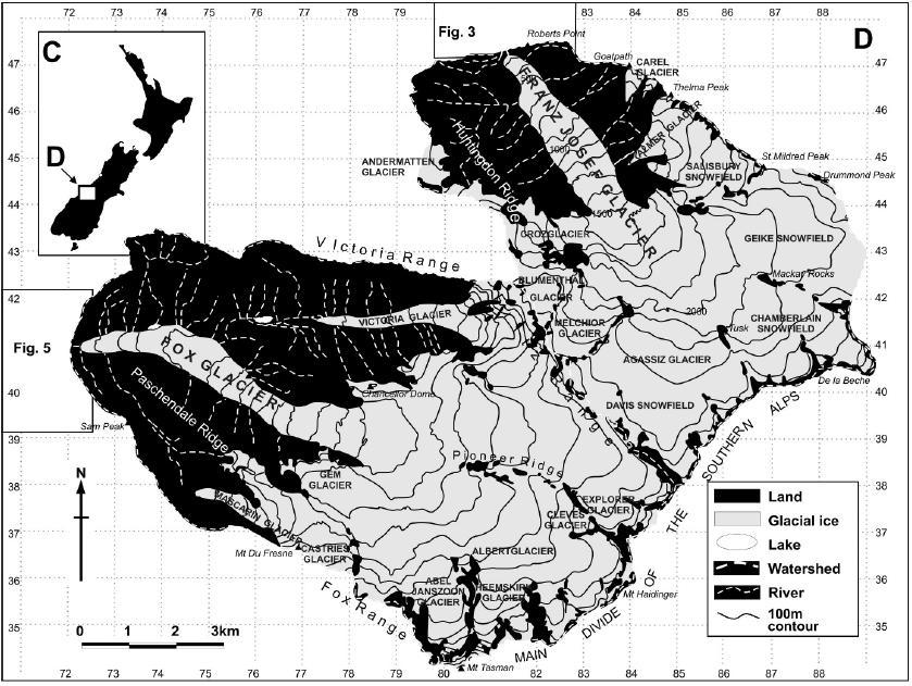 Moa Hamré De är båda tempererade dalglaciärer på västra sidan av Southern Alps där Franz Josef Glacier:s ackumulationsområde är 31 km² stort och ligger på 3000 m.h.ö.
