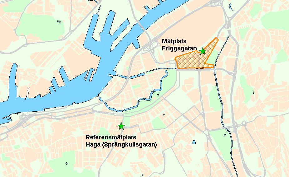 Figur 10-1 Mätplatser av partikelhalter i Göteborg. Normalt är trafiken som passerar de två mätplatserna på Friggagatan och Sprängkullsgatan ganska likvärdiga.