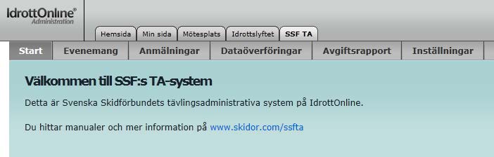 Inledning Svenska Skidförbundet har till säsongen 2009/2010 utvecklat ett nytt webbaserat tävlingsadministrativt system på IdrottOnline (i detta dokument kallat TA-systemet ) vilket ersätter de