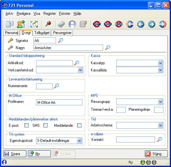 721 Personal Fliken Övrigt TA-System EGENSKAPSKOD Här anges egenskapskod för kommunikation med TA-systemet.
