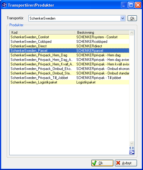 Dialogen Transportörskod I bilden ovan har transportören SchenkerSweden valts. Transportör och produktkoder hämtas från TAsystemet, i bilden visas exempel från LogTrade.