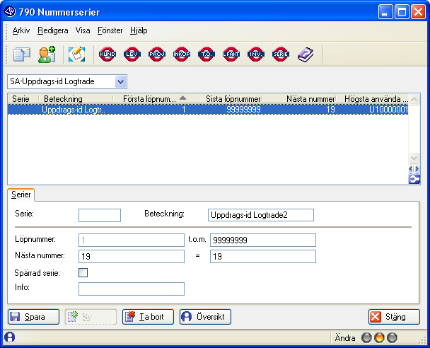 790 Nummerserier SA UPPDRAGS-ID LOGTRADE Denna nummerserie skapas automatiskt vid installation av modulen.