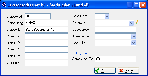 Fliken Lev.adress dialogen lev.adress Obs! ADRESSKOD I TA Anges om sådan registrerats i LogTrade Distribution 2.0. Annars valfritt att lämna blankt.