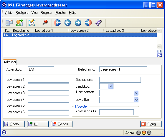 891 FöretagetsLeveransadresser Obs! I gruppboxen TA-System anges kod för upphämtningsadress om sådan angivits i LogTrade.