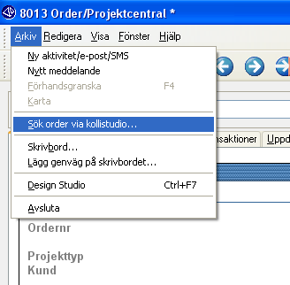 8013 Projekt-/Ordercentral Arkiv Sök order via kollistudio Genom att gå via Arkiv/ Sök