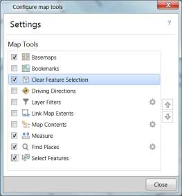 I dialogfönstret som öppnas kan bocka för de verktyg du vill ska synas i användargränssnittet i Operations Dashboard. I vårt fall har vi valt o Basemaps för att kunna byta bakgrundskarta vid behov.