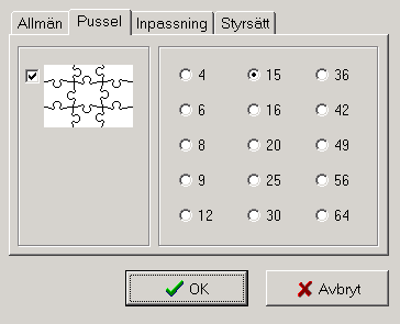 Inställningar Allmän: Välj om du vill att den färdiga bilden ska visas bredvid pusslet (2) eller ej