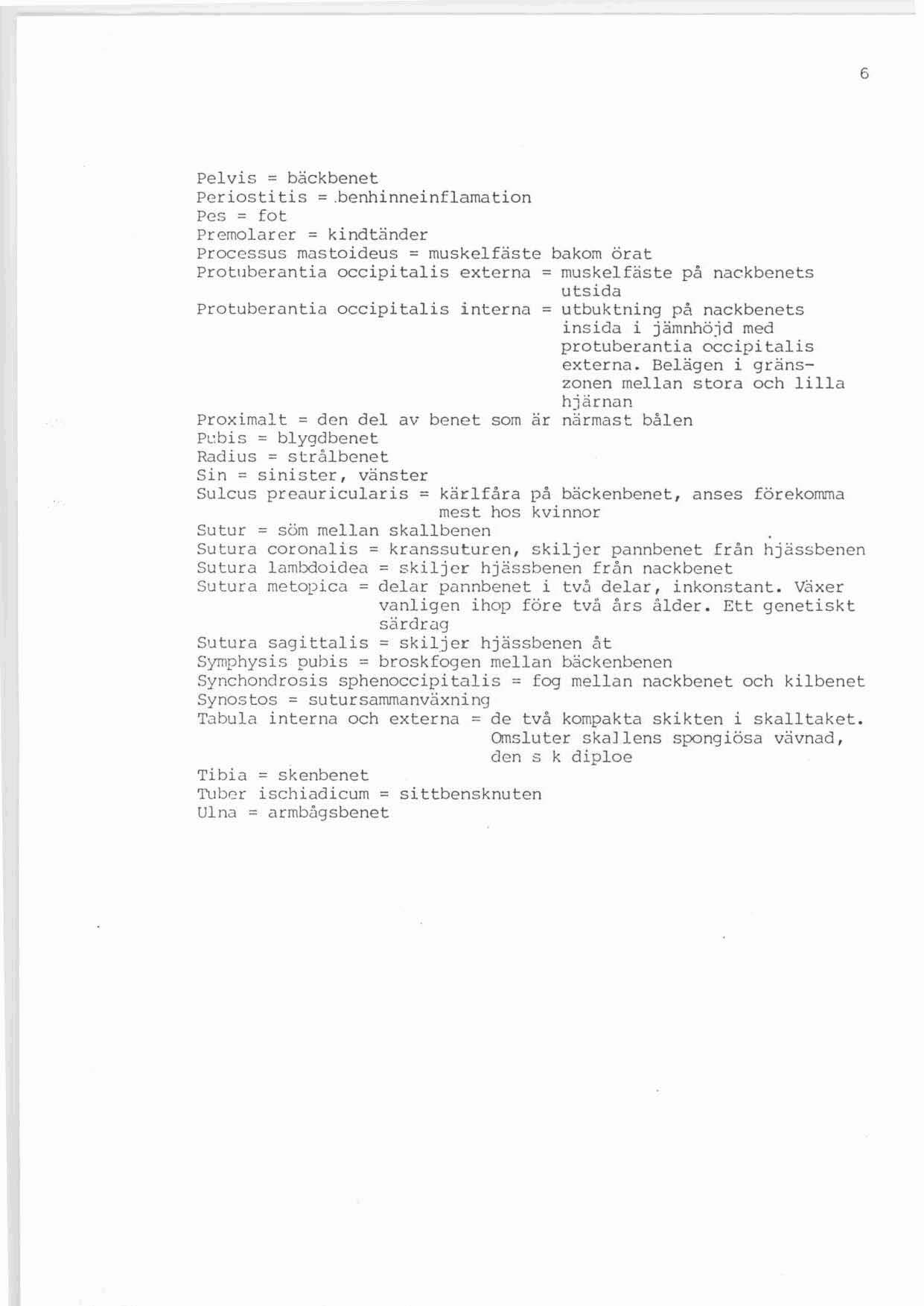 6 Pelvis = bäckbenet Per i os t i t i s =.benh i nne i nf l a ma t i o n Pes = fot Pr emolarer = ki ndtnnder Proccssus ffiustoideus = muskelfäste bakom örat Pr o t.uber a n t i.