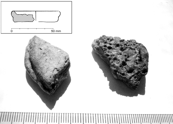 ANDERS SÖDERBERG OCH NY BJÖRN GUSTAFSSON Fig. 12. Fragment av pastejformade skärvlar, F 17910. 1000-talets mitt. 254 g av de 272 g som tillhör faserna 3 och 4 är påträffade nära Stora gatan i tomt IV.