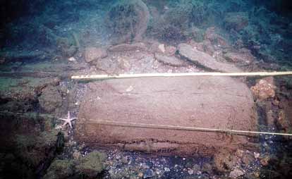 Skaftövraket 15 Figur 8. Kalktunna som, trots att den ligger delvis exponerad, har bevarats i det närmaste intakt. Foto från besiktningen i augusti 2003.