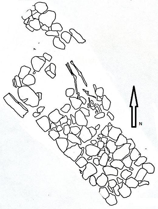 Rapportsammanställning Anläggning 8 Rektangulär stenpackning 4,35 x 1,40 m belägen i NV - SO riktning. I anläggningens norra hörn fanns en sekundär gravläggning (anläggning nr.