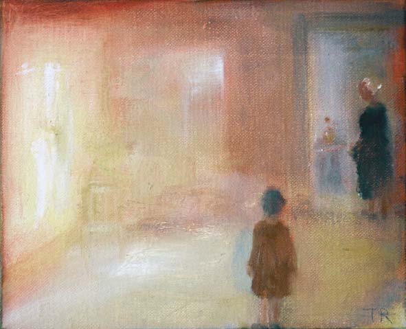 2 På tröskeln, 2008, olja på duk, 22 x 27 cm. En klok person har sagt om Thérèse Reuterswärds måleri, att det verkar skildra en liten flicka som är osäker på sin plats i tillvaron.