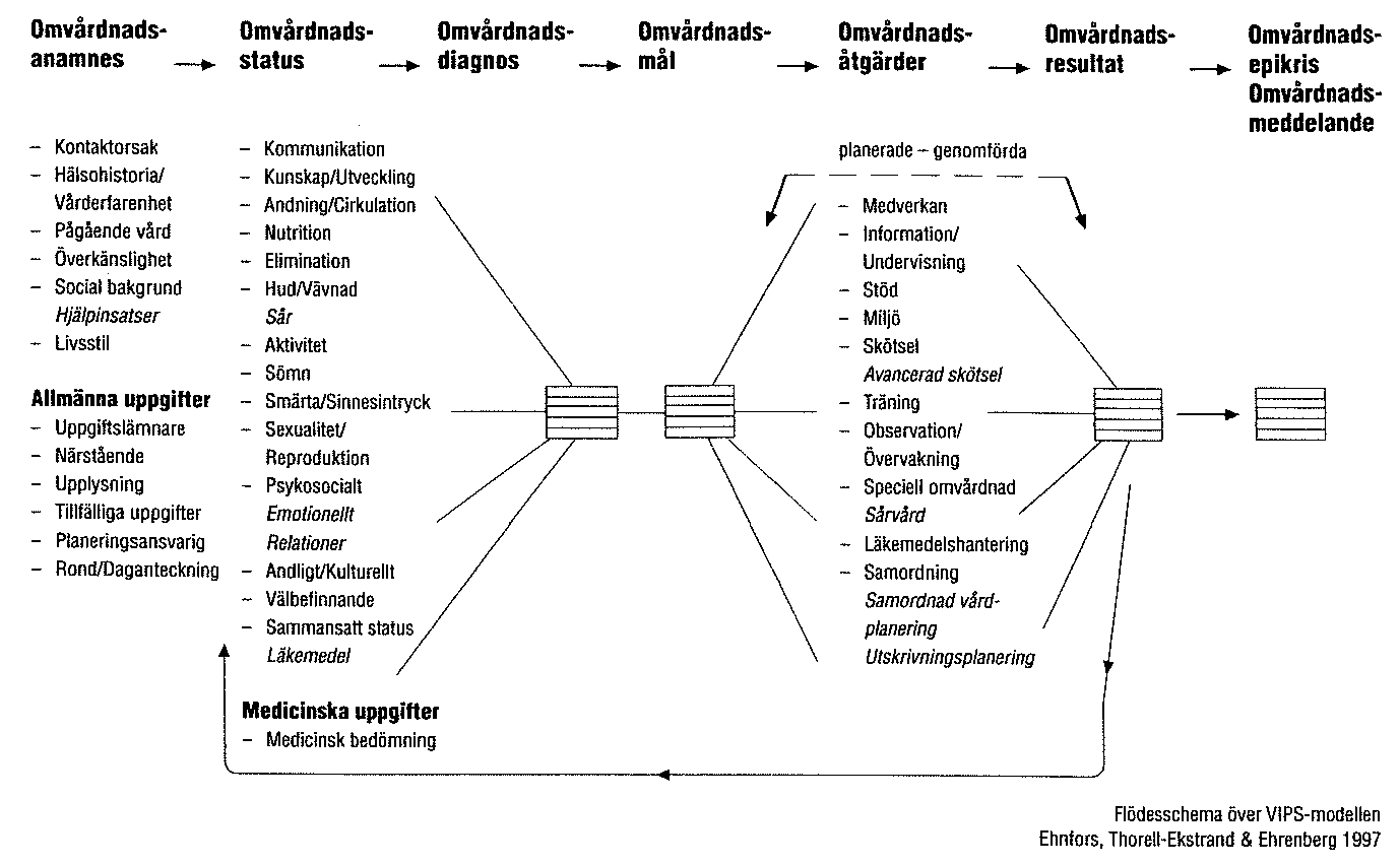 Figur 2. VIPS-modellen som flödesschema (Ehnfors et al., 1998). VIPS-modellens flödesschema skall följas under hela patientens vårdtid (Figur 2).