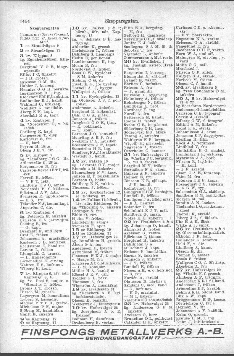 1454 Johansson A, musiklär:a Karlsson J L, hand.res. Kjellström E, hand.res. Larsen L, fröken Ljungdahl e, urmak. - L, linnesömm:a Löwenadler E: civ.ing. wa.lireu E S, hofr.not. Wiberg, E, kont. 7 kv.