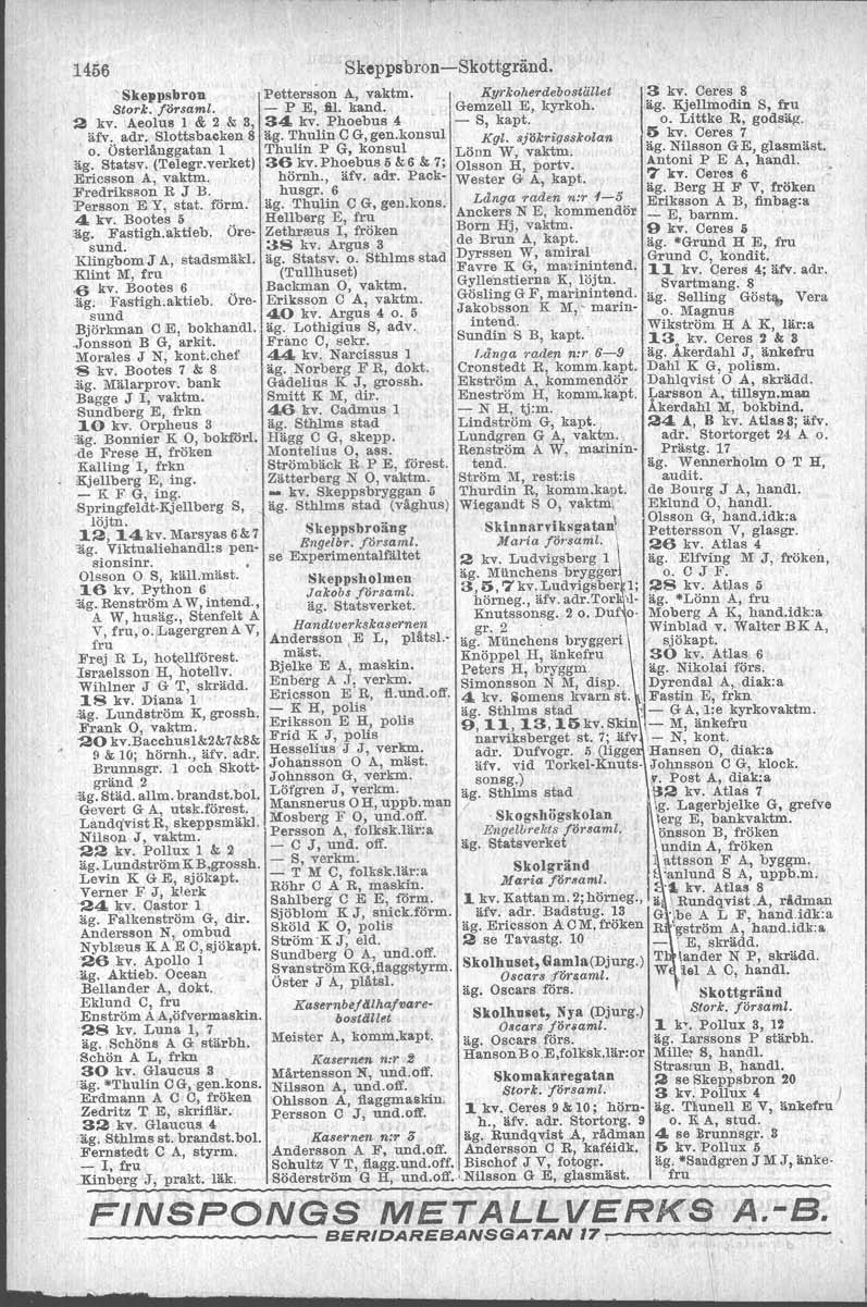 1456 Skepps bron-skottgränd. Fredriksson R J B. Persson E y l stat. form. 4 kv. Bootes 5 :äg. Fastigb.aktieb. Öresund. Klingbom J A, stadsmäkl. :Klint M, fru,6 kv. Bootes 6.äg. Fastigh.aktieb. Öresund Björkman C E, bokhandl.