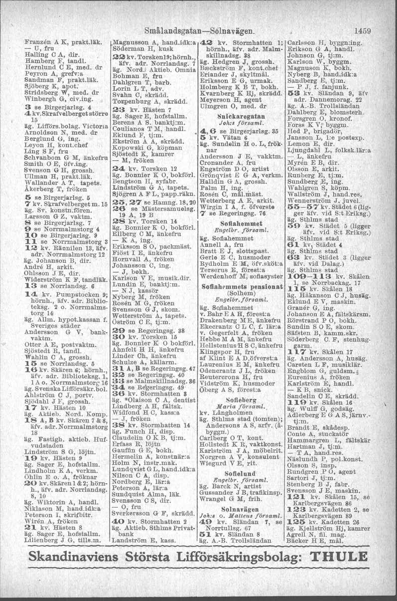 Smålandsgatan -Solna vägen. F'ranzen A K, prakt.läk. l\iagnusson A, hand.idk:a 42 kv, Stormhatten 1; Carlsson H, byggn:ing. - U, fru Söderman H 1 kusk hörnh., äfv. adt. Malm- Erikson G A, handl.
