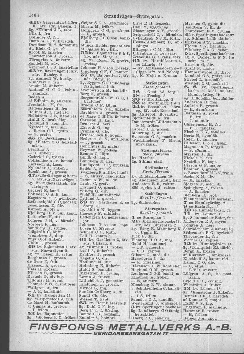 1466 41kv. Sergeanten 6;hörnh., äfv. adr, Bauerg. l.~~. -Eklund J L, fabr. - Blix L, fru Bolinder e, fru Dann W 0, v. häradsh. Davidson B, f..domänint. du Rietz G, grossh.