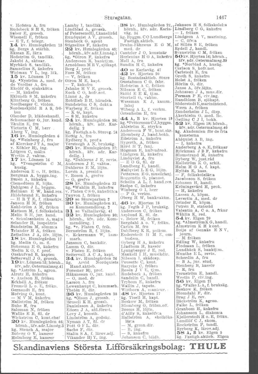 äg. Sturegatan, v. Hofsten A, fru Lamby I, tan.dläk. 38 lev. Humlegården 21,,JOhnSOn H S, folkskolel:a Rudabeck S H S, fröken Lindblad A, grossu, I nörnh., äfv.