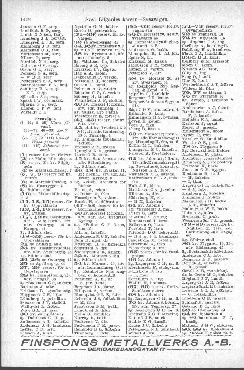 1472 Jonsson O F, serg. Lindfeldt F. G, serg. Lindh N N:son, fanj. Lundberg J L, förvalt. Lundgren K J H, serg. Malmborg J B, fanj. Malmsten C A, fanj. Mårtensson M, serg. Nilson G, serg.