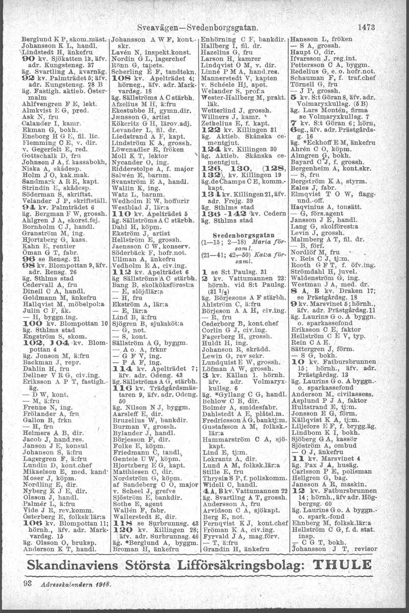 Berglund K P, skom.mäst. Johansson K L, handl. ILindstedt H, änkefru 90 kv. Sjökatten ia, äfv. adr. Kungstensg. 37 äg. Svartling A, kvarnäg. 92 kv..palmträdet o; äfv. adr, Kungstensg. ~8 B äg.