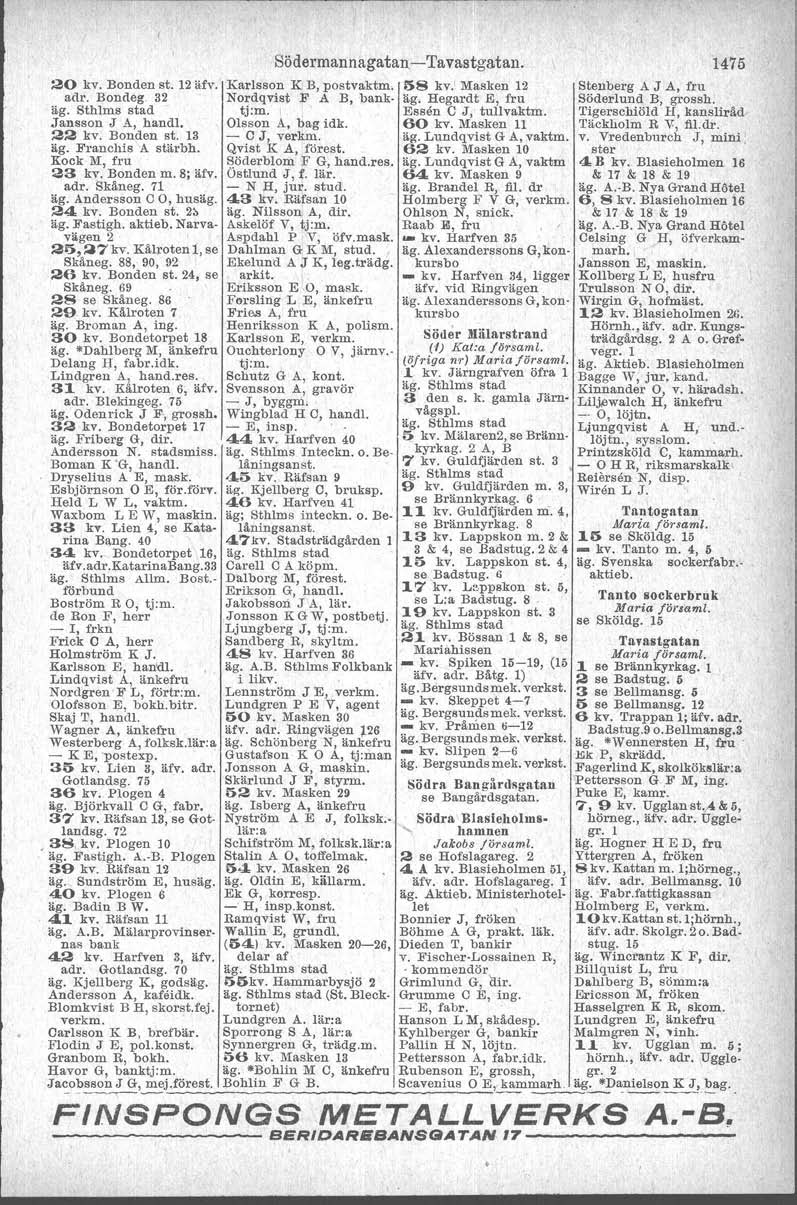 Södermannagatan- Tavastgatan. 20 kv. Bonden st. 12äfv. Karlsson K B, postvaktm. 58 kv,' Masken 12 adr. Bondeg. 32 Nordqvist F A B, bank- äg. Hegardt El, fru äg. Sthlma stad tj:m. Essen C J, tullvaktm.