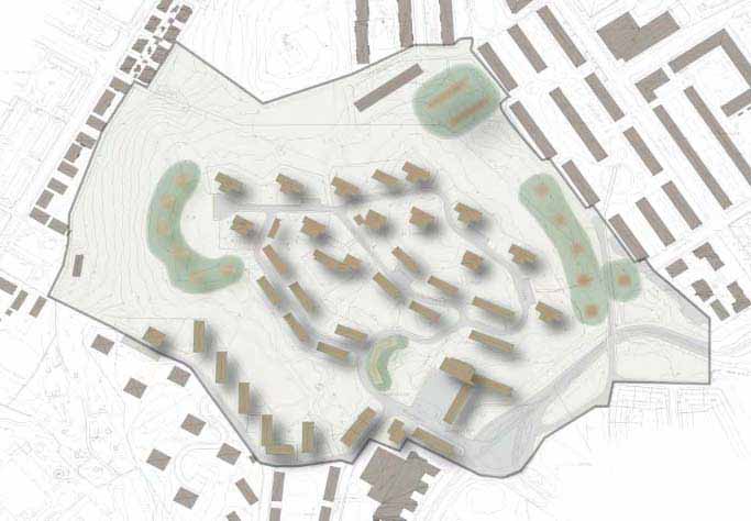 SAMMANFATTNING AV PROGRAMFÖRSLAG för Norra Guldheden bostadsförtätning park Område 2 70 lägenheter (här exemplifi erat med 2 lamellhus i suterräng cirka 3-6 våningsplan)