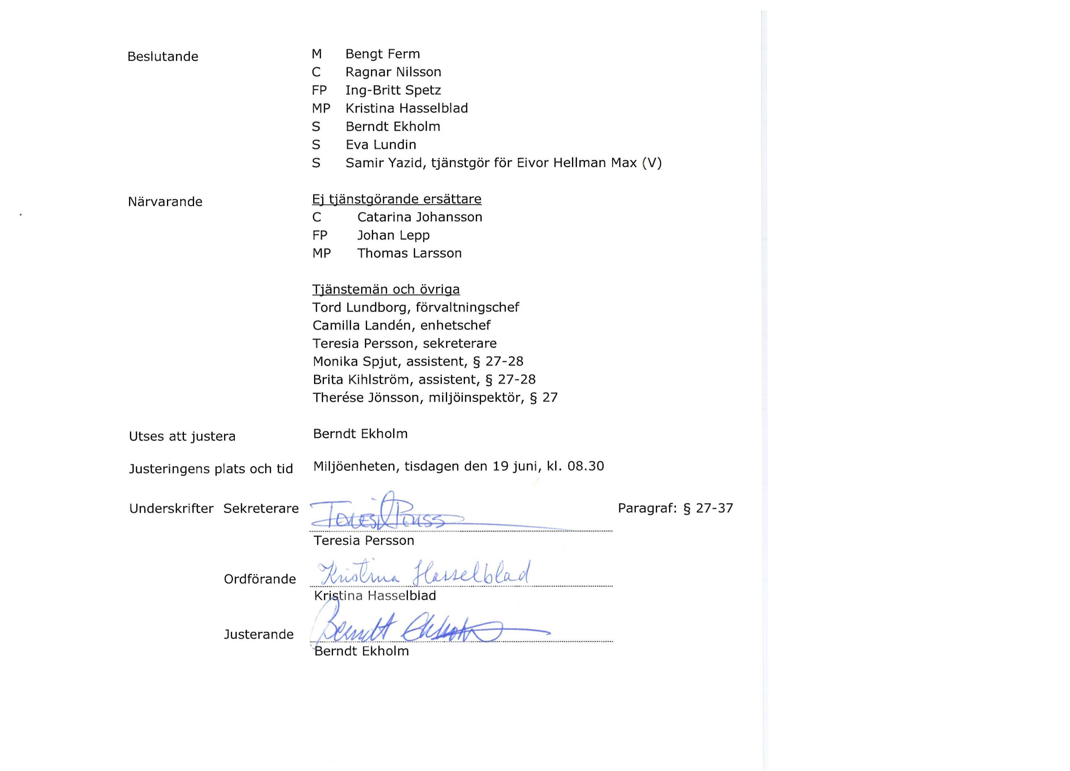 Beslutande M Bengt Ferm C Ragnar Nilsson FP Ing-Britt Spetz MP Kristina Hasselblad S Berndt Ekholm S Eva Lundin S Samir Yazid, tjänstgör för Eivor Hellman Max (V) Närvarande Ej tjänstgörande