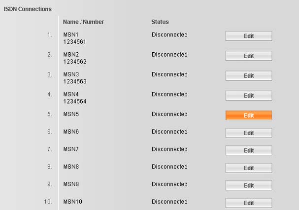 Telephony Connections: Konfigurera telefonens anslutningar Öppna webbsidan Settings Telephony Connections så visas en lista med alla anslutningar (telefonnummer) som du kan konfigurera för