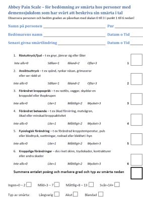 Smärtskattning vid svår demens Abbey Pain Scale Bra skattningsverktyg saknas (Abbey Pain Scale) Icke verbala tecken på smärta svårt Smärtbehandlingen i sig - samma principer som vid andra