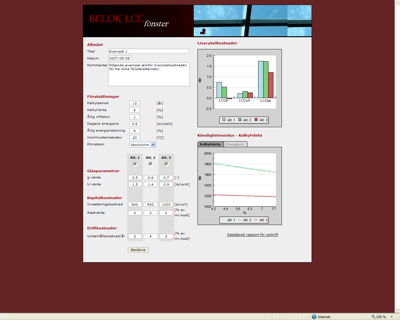 24 Rapportens titel Figur 3.1. Skärmdumpsexempel från BELOK LCC för fönster. 3.4 Akademiska hus Akademiska hus tar tagit fram datorprogrammet Aka Kalk Webb för sina egna investeringar, vilket baseras på nuvärdesmetod.