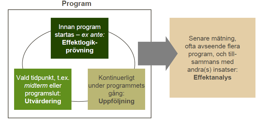 Figur 5 Vinnovas samlade ansats för att möjliggöra effektanalyser Nedan ges en kort belysning även av de tre inledande stegen eftersom dessa tillsammans utgör en central förutsättning för Vinnovas