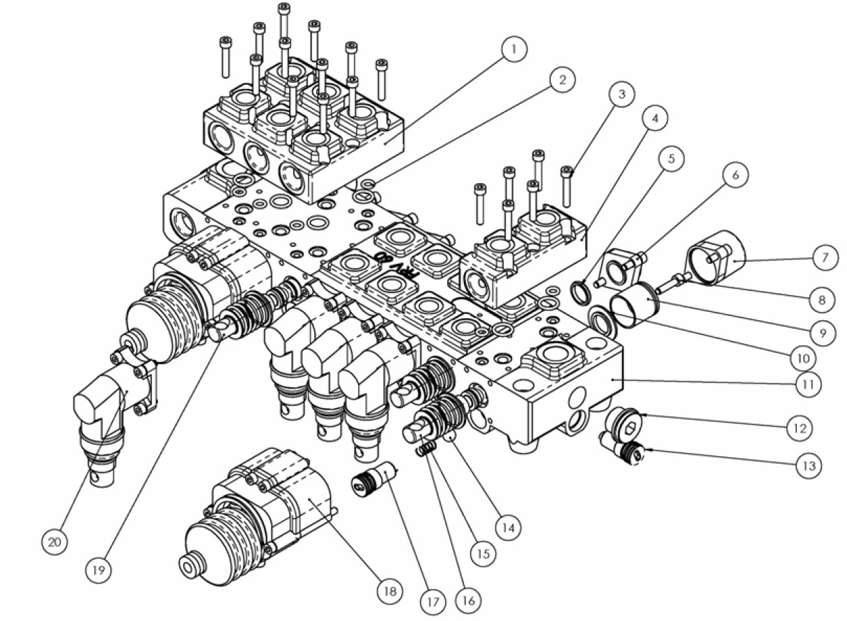 Finn-Rotor manöverventil FRV 60 1 100424 Chockblock 3 2 101066 P-sats för FRV60 3 100698 Insexskruv M6x30 4 100421 Chockblock 1 5 100080 P-sats för spole D16 6 100084 Kåpa låg 7 100400 Kåpa hög 8