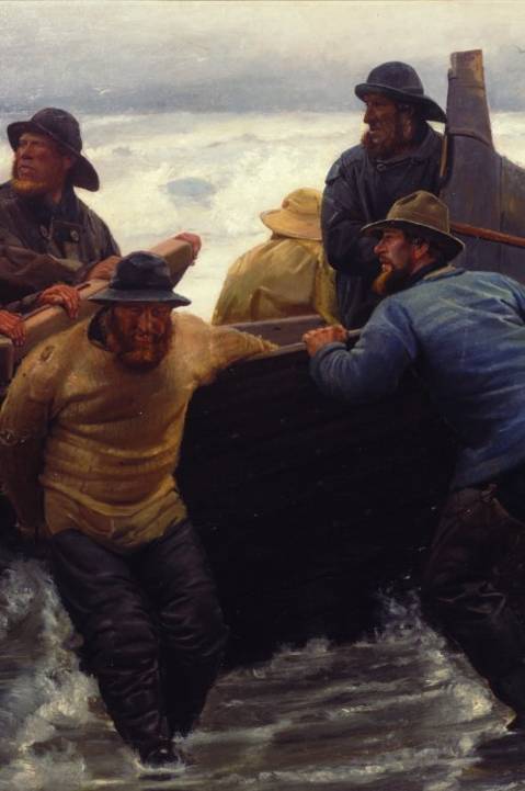 Fiskere i færd med at sætte en rorsbåd i vandet. 1881. Utsnitt.