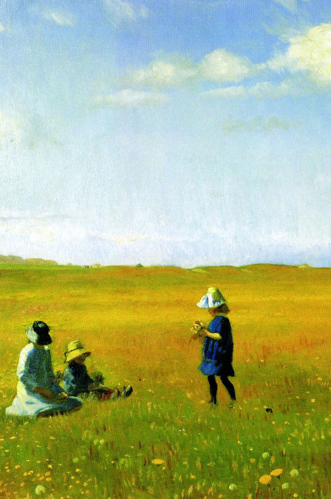 Børn og unge piger plukker blomster på en mark nord for Skagen. 1887. Utsnitt.