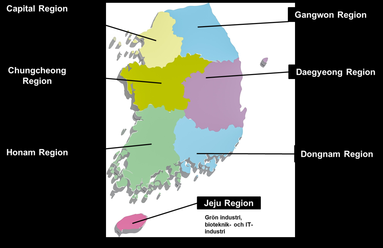 experter. Regional tillväxtpolitik samordnar nu aktiviteter i sju så kallade Economic Region Development Committees huvudstaden Seoul, Chungcheong, Honam, Daegyeong, Dongnam, Gangwon och Jeju.