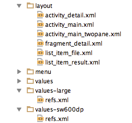 Resurshantering - fortsättning Refs - referenser peka på andra resurser beroende på konfiguration Exempel - res/values-sw600dp/refs.xml & res/values-large/refs.