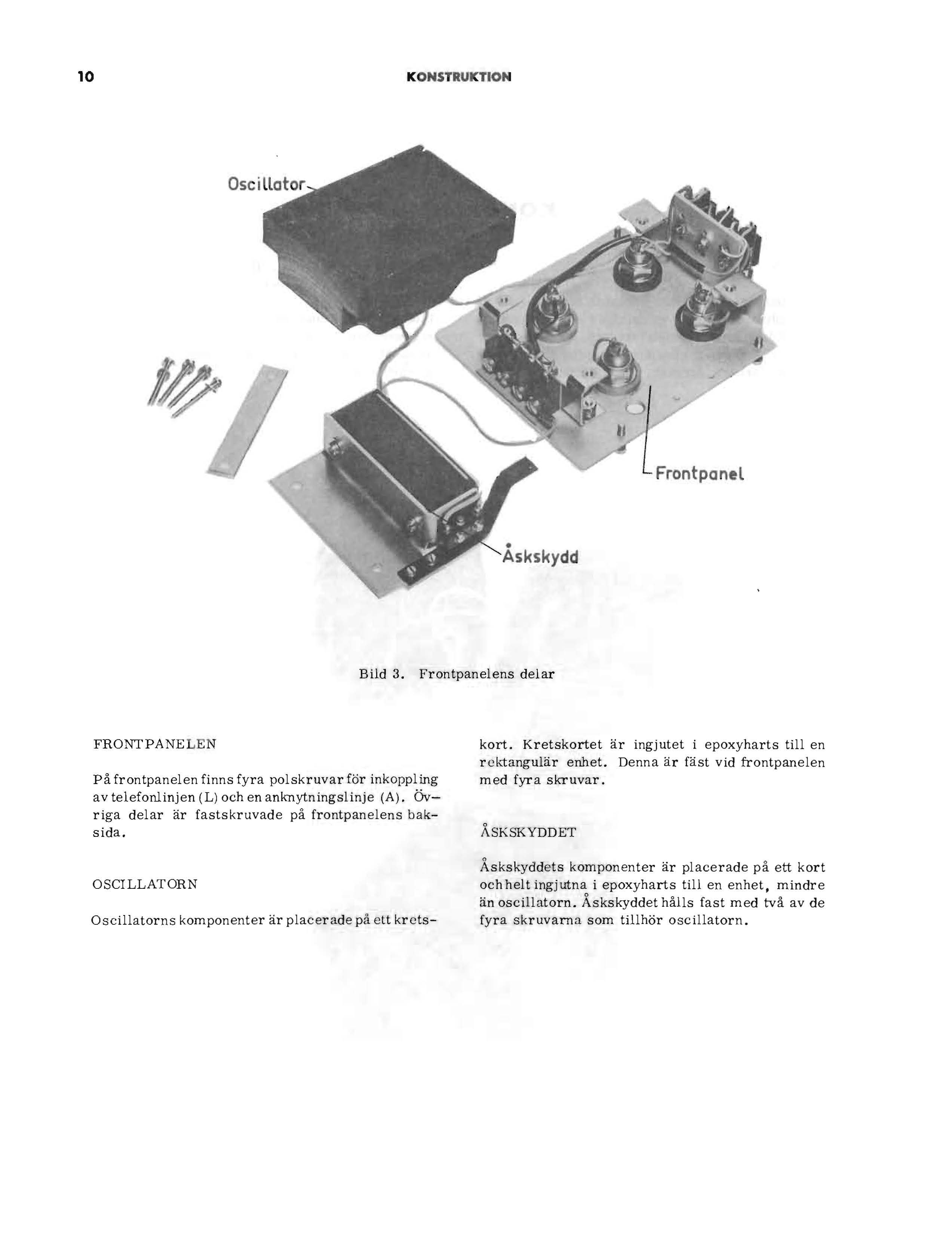 10 KONSTRUKTON Askskydd Bild 3. Frontpanelens delar FRONTPANELEN påfrontpanelen finns fyra polskruvar för inkoppling av telefonlinjen (L) och en anknytningslinje (A).