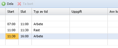 Lägg till/ta bort rad och dela intervall Lägg till rad. Nya rader fylls på automatisk när du skrivit in klockslag på den sista raden.