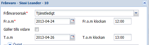 Flera dagar I det här exemplet gäller frånvaron fr.o.m. kl. 12:00 den 24 april t.o.m. kl. 13:00 den 26 april.