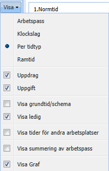 Arbetspass Om du markerar detta val så visas arbetspassets namn i kalendern. Klockslag Här visas samtliga klockslagsintervall för varje dag.