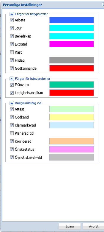 Övriga personliga inställningar Klickar du på kugghjulet bredvid Logga ut så får du möjlighet att välja vilka färger du vill visa på bilden. Här kan du även byta ditt lösenord.