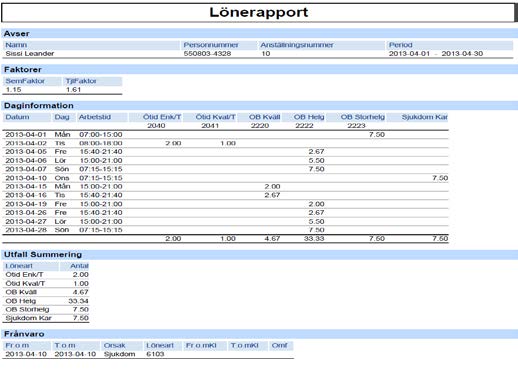 Lönerapport Om du vill se vilka tillägg och/eller frånvaro som kommer att skickas till lön kan