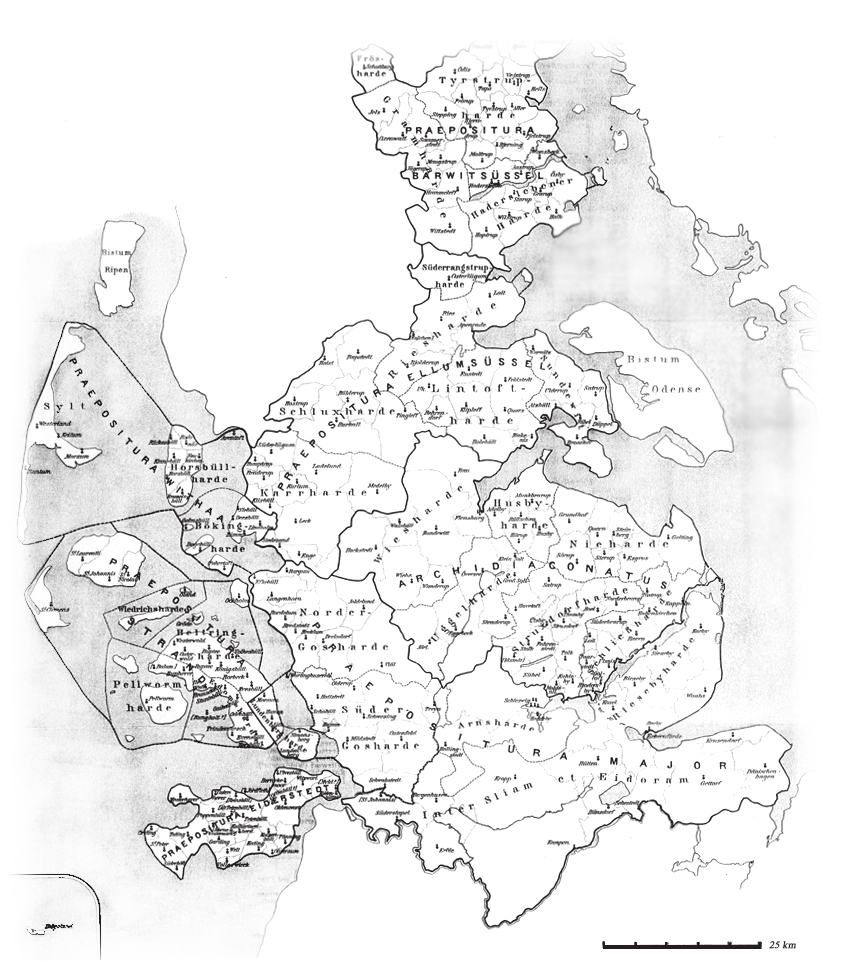 MORTEN PEDERSEN Figur 1. Willers Jessens kort over Slesvig stift i senmiddelalderen. Efter Hansen 1894. udarbejdet i starten af 1300-tallet (Hansen 1894, s 77ff; Unverhau 1990, s 89ff).