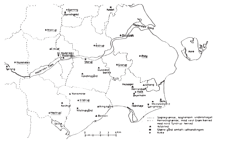 META NR 1 2002 Figur 5. Kort over Haderslev Na med rekonstruktion af sogne grnsernne omkring Haderslev. Efter Fangel 1978. at pladsen har været i funktion ved kirkens opførelse.